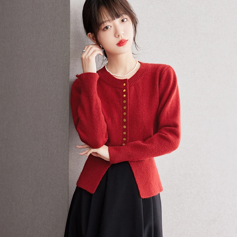 

Women Red Knit Sweater Tops Autumn Winter Elegant Chic Slim Casual Long Sleeve O-neck Button Knitwear Pullovers C2538