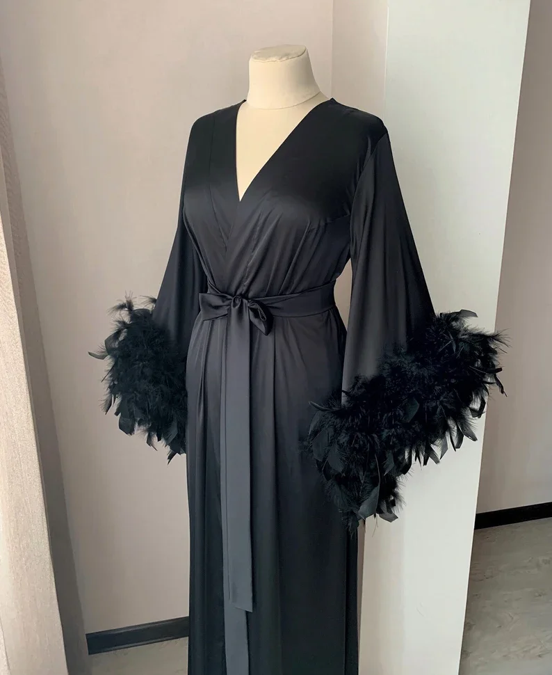 Feather Long Bridal Robe Bride Robe For Wedding Day With Feather Blush Kimono Black Boudoir Floor Length Robe Maxi Dressing Gown