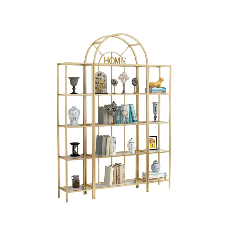 Nordic living room gold wrought iron bookshelf layer shelf tempered glass display shelf creative floor baffle shelf