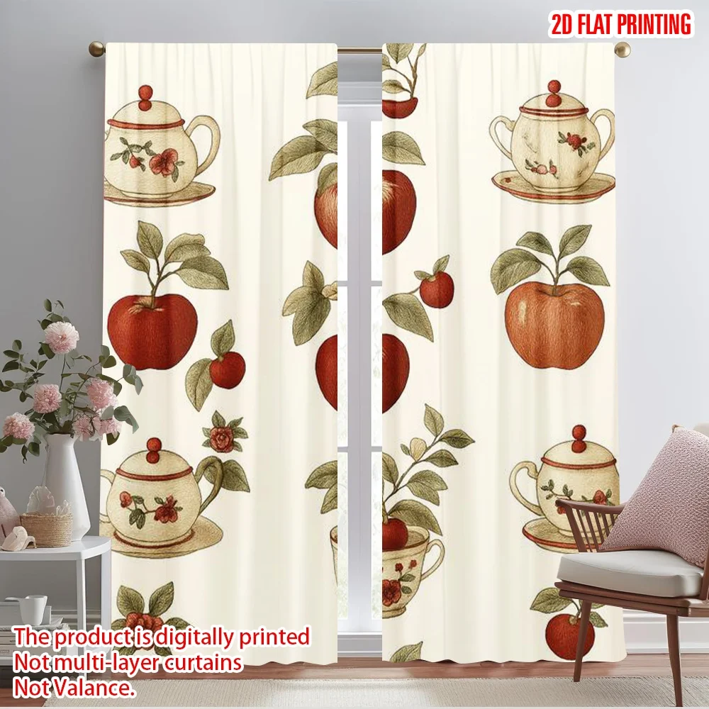 

2pcs,2D plane printing Contemporary Curtains Vintage Tea Apples Polyester Easy Install (without rod) Decorations Outdoor for