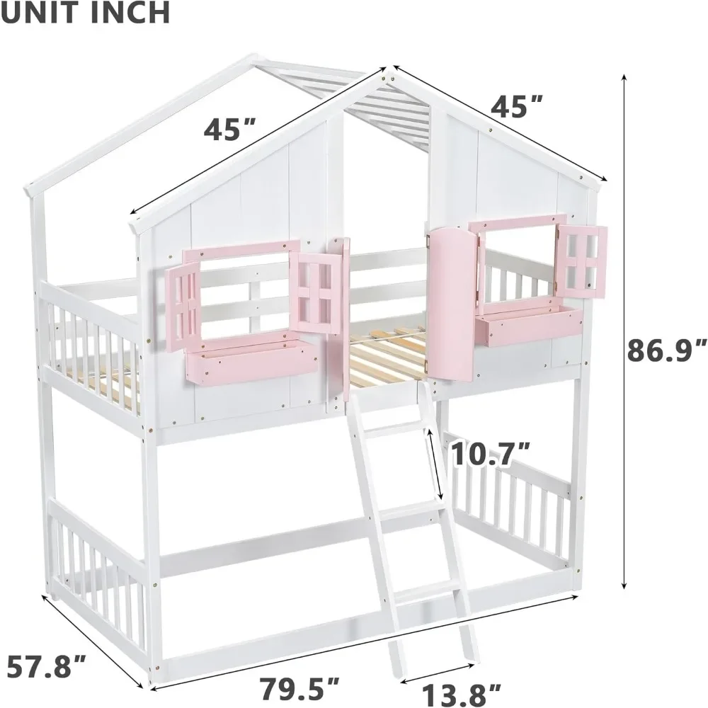 Twin House Bunk Bed Doors and Boxs, Wood House Roof Floor Bunk Bed Frame with Safety Guardrails for Teens Kids Boys Girls