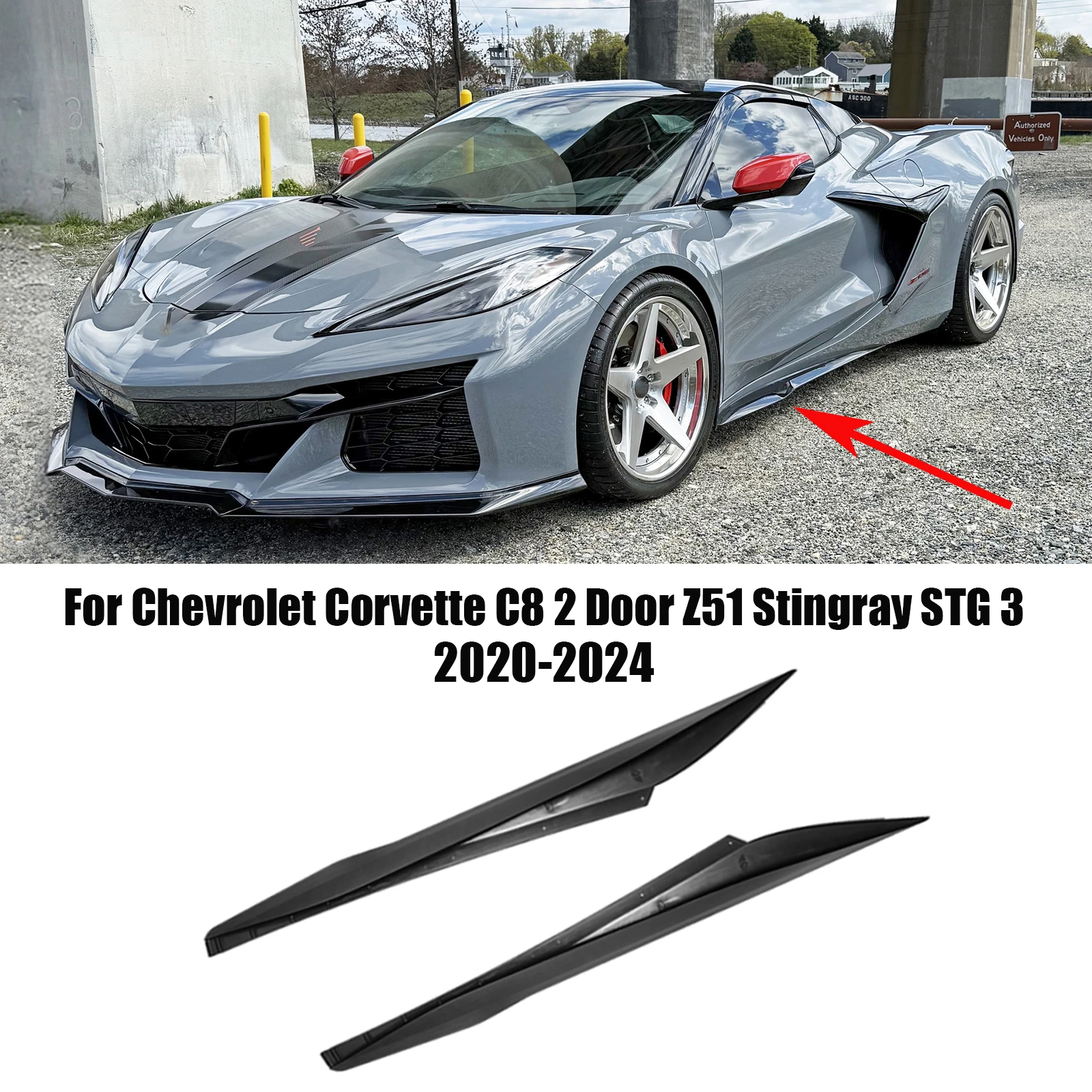 Side Skirts Extension Splitters Fender For Chevrolet Corvette C8 2 Door Z51 Stingray STG 3 2020-2024 Carbon Look Glossy Black
