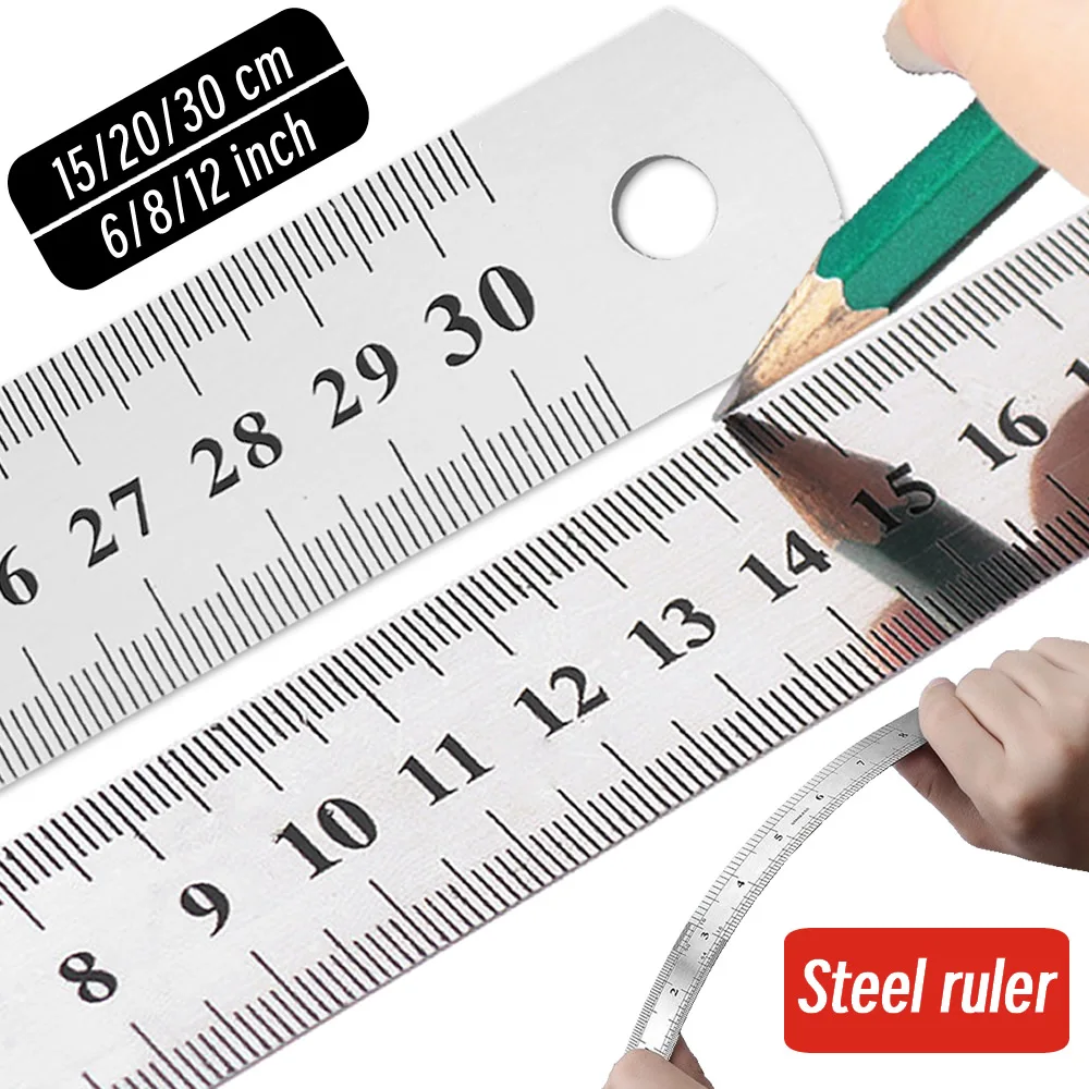 Stainless Steel Metal Ruler 15-30cm, Double Sided Metric Scale Precision Straight Measuring Ruler Student Office Stationery