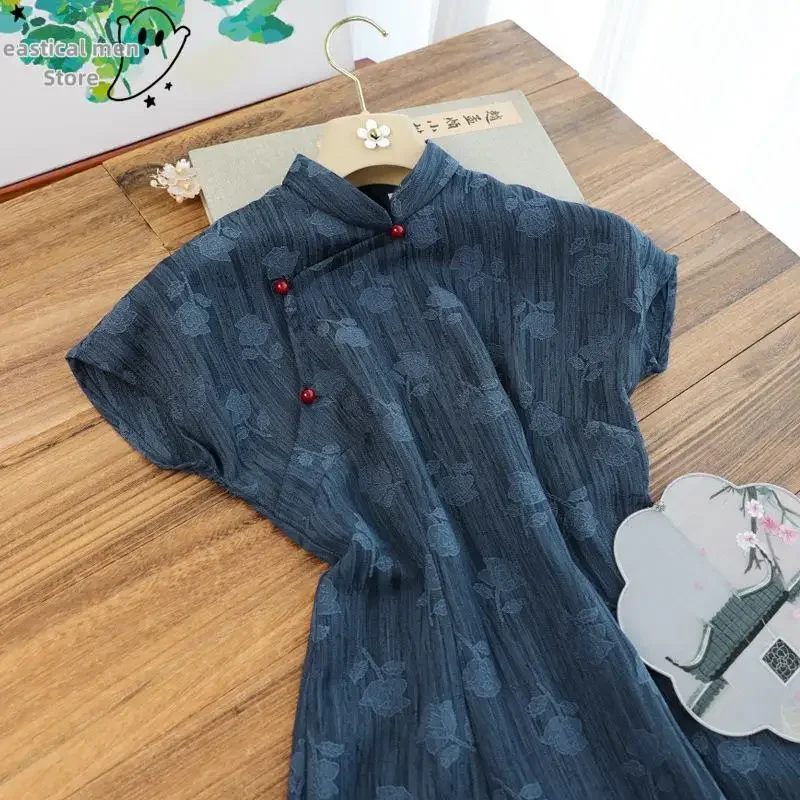Lady Sexy Side Slit Lace Up Qipao Navy Blue Jacquard Flower Cheongsam Vintage Stand Collar Vestidos Gown New Chinese Style Dress view 4