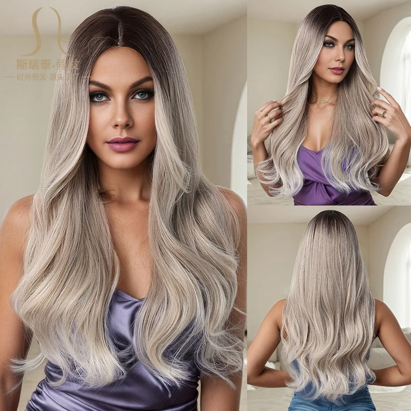 Women's headband-style wigs from the USA and UK, middle-parted, top-dyed, simulated gray synthetic fiber wigs for foreign trade