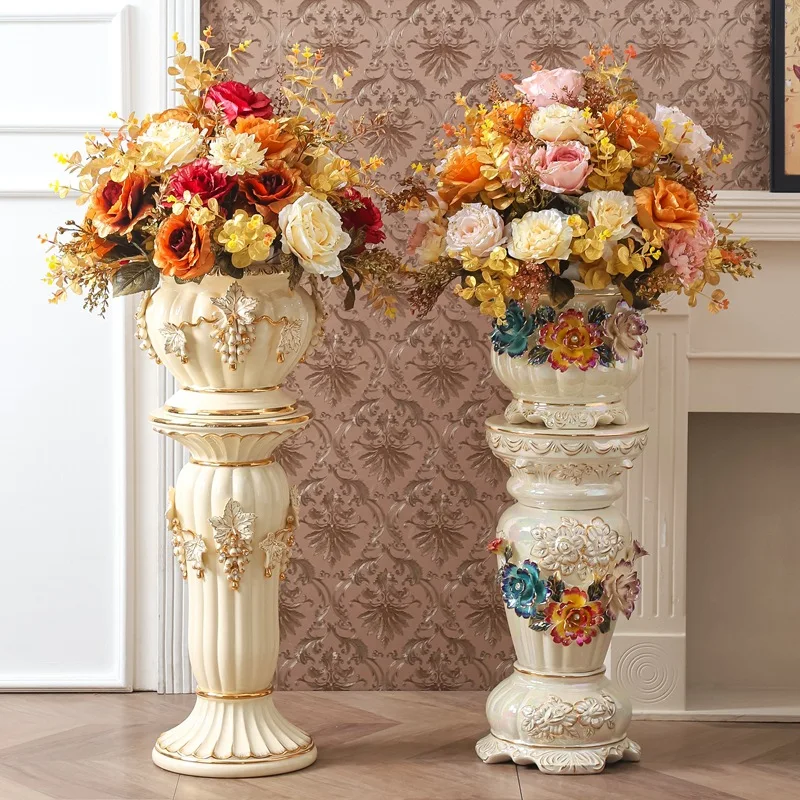 Floor-to-ceiling vase large ceramic Roman pillar ornament living room TV cabinet luxury flower arrangement decorative flower pot