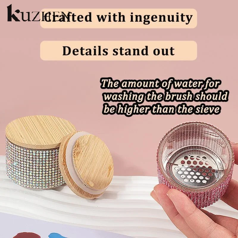 Tazza per unghie Tazza in vetro cristallo di diamante Porta ciotola per liquido acrilico Lavaggio per penna per unghie Piatto Dappen con coperchio in legno Strumento per manicure di lusso