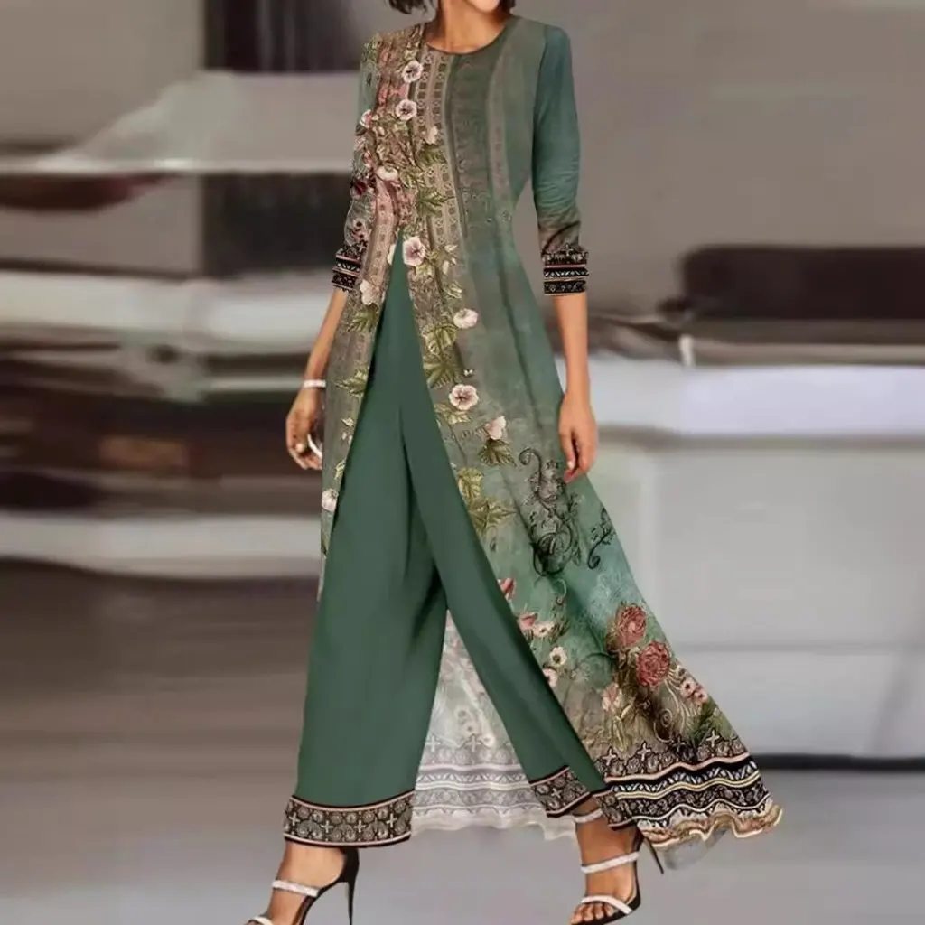 Feminino de duas peças verde esmeralda manga longa impresso macacão vestido estilo europeu americano em torno do pescoço terno