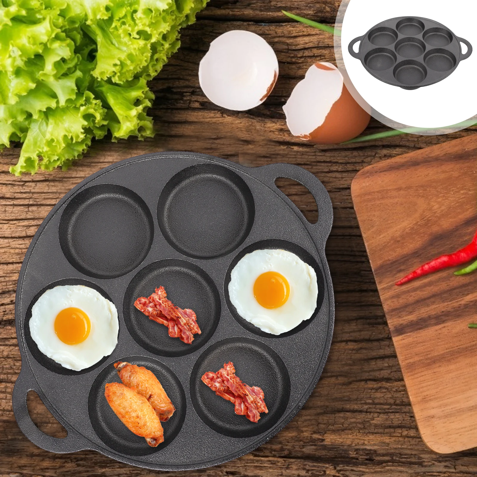 

Cast Iron Pan Non Stick Egg Frying Pans Kitchen Accessory 7 Hole Circle Cookware Easy Clean Safe Healthy Stain Resistant Skid