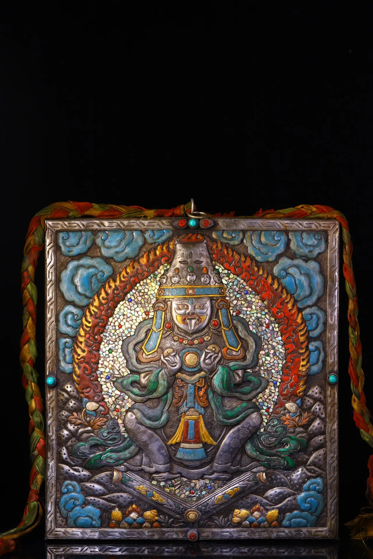 

16"Tibetan Temple Collection Old Tiantie Painted Mosaic Gem Zakirim Station Buddha Thangka Hanging screen Worship Hall