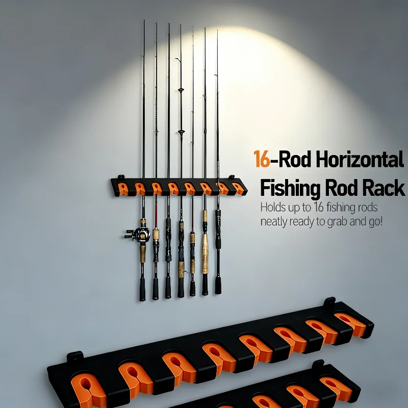 16-Rod Fishing Rod Rack EVA Foam ABS Base Anti-Scratch Wall Mounted | Heavy Duty Garage Boat Anglers Storage | Protect Rods