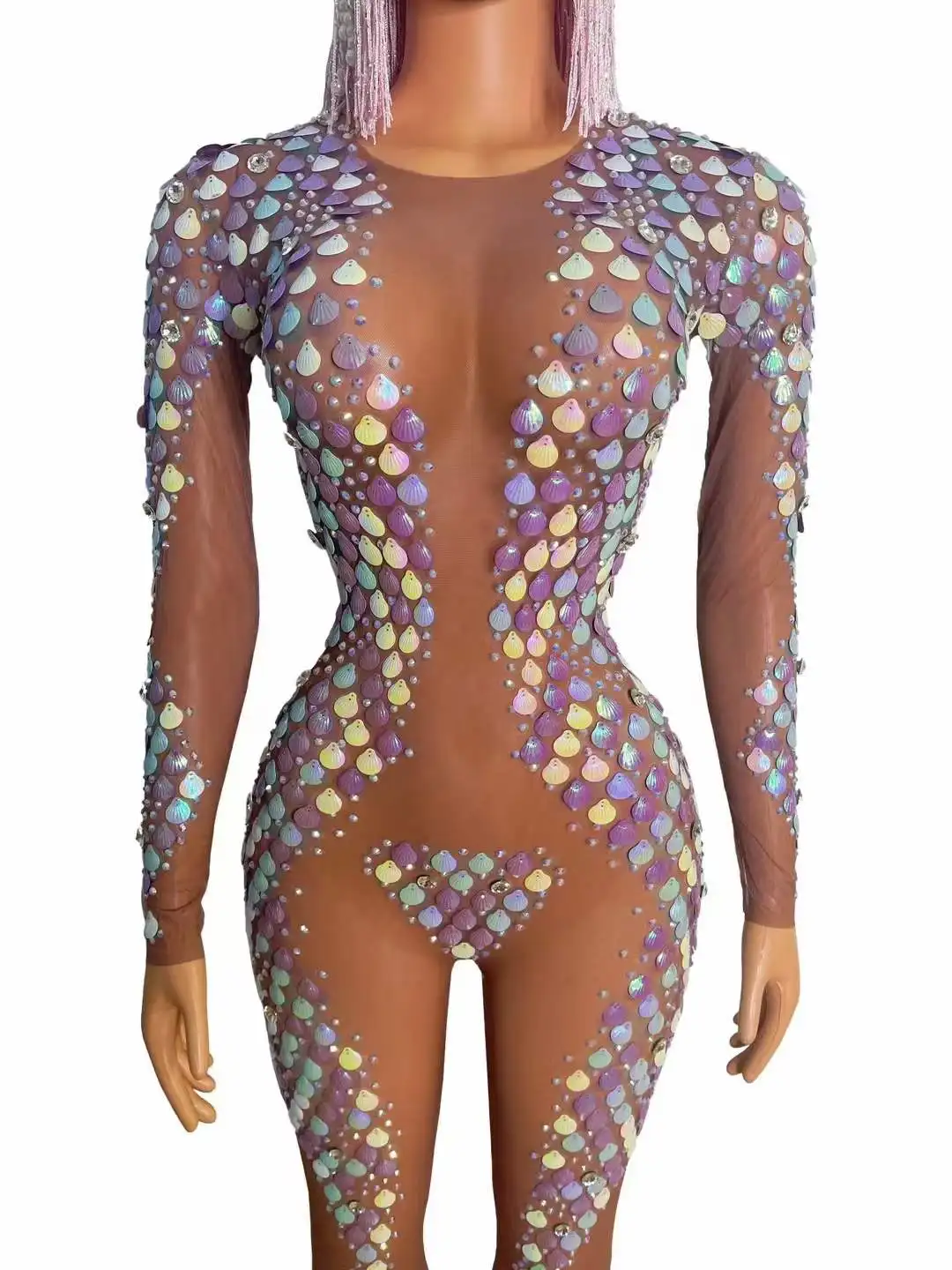 One Size Stretch Shell Rhinestone Jumpsuits For Women Sparkly Long Sleeve Birthday Party Costume Seashell Drag Queen Bodysuits