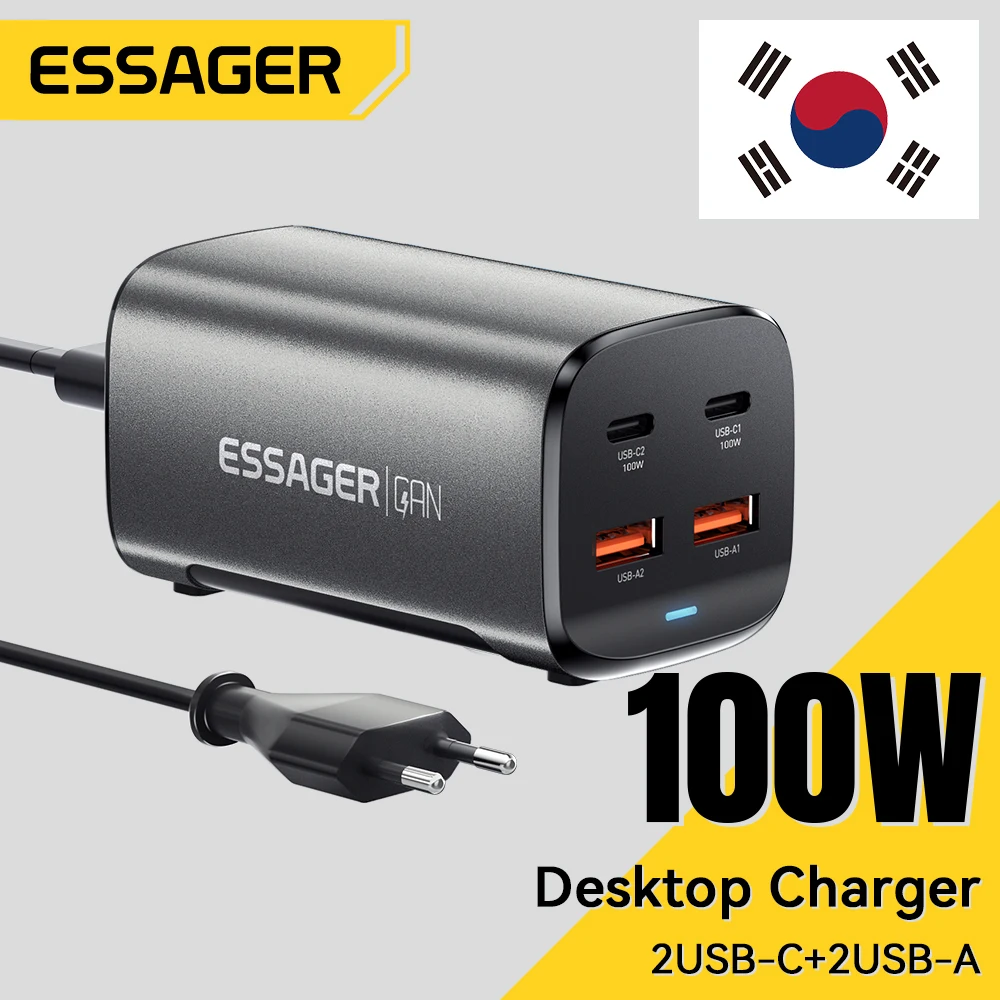 Зарядное устройство Essager 100 Вт USB C GaN, быстрая зарядка для настольного компьютера 4,0 QC 3,0 PD Type C, быстрая зарядка для MacBook, Samsung, POPC, iPhone 15, ноутбука