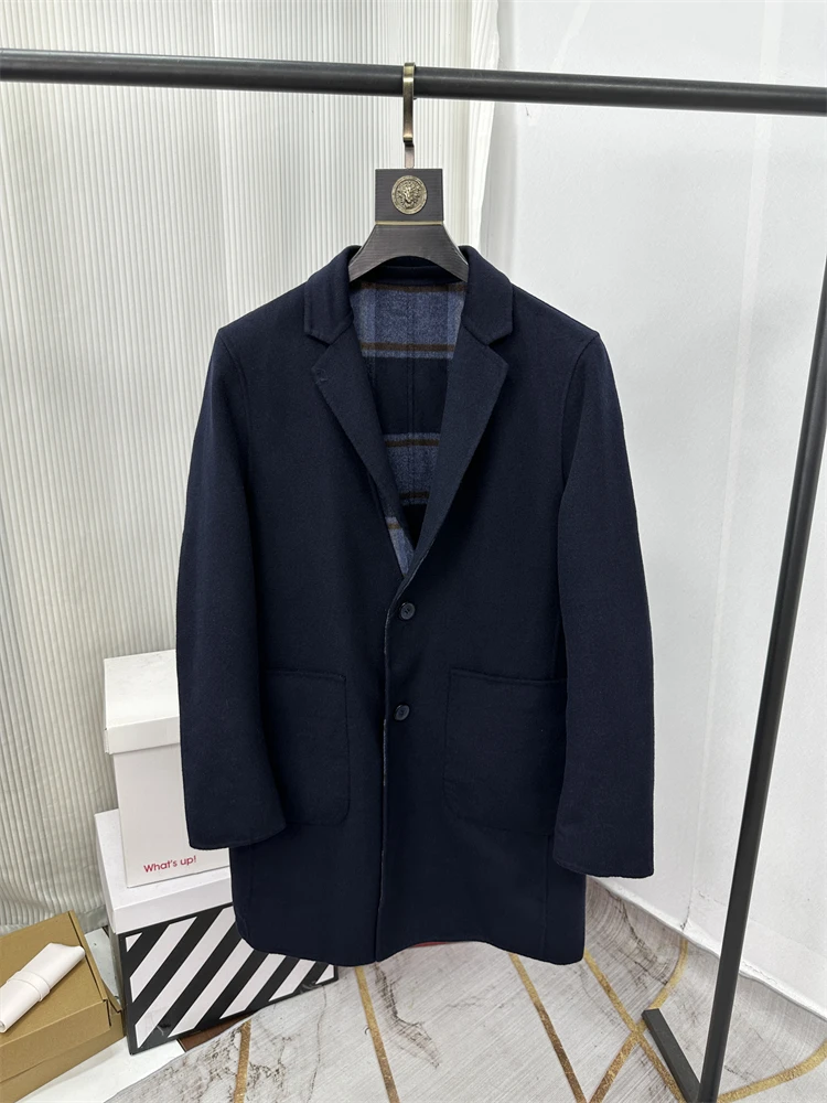 

Busin Casual Wool Blend Men's Coat Spring Autumn Medium Length Single Buttoned Long Sve Faionable Urban Sle