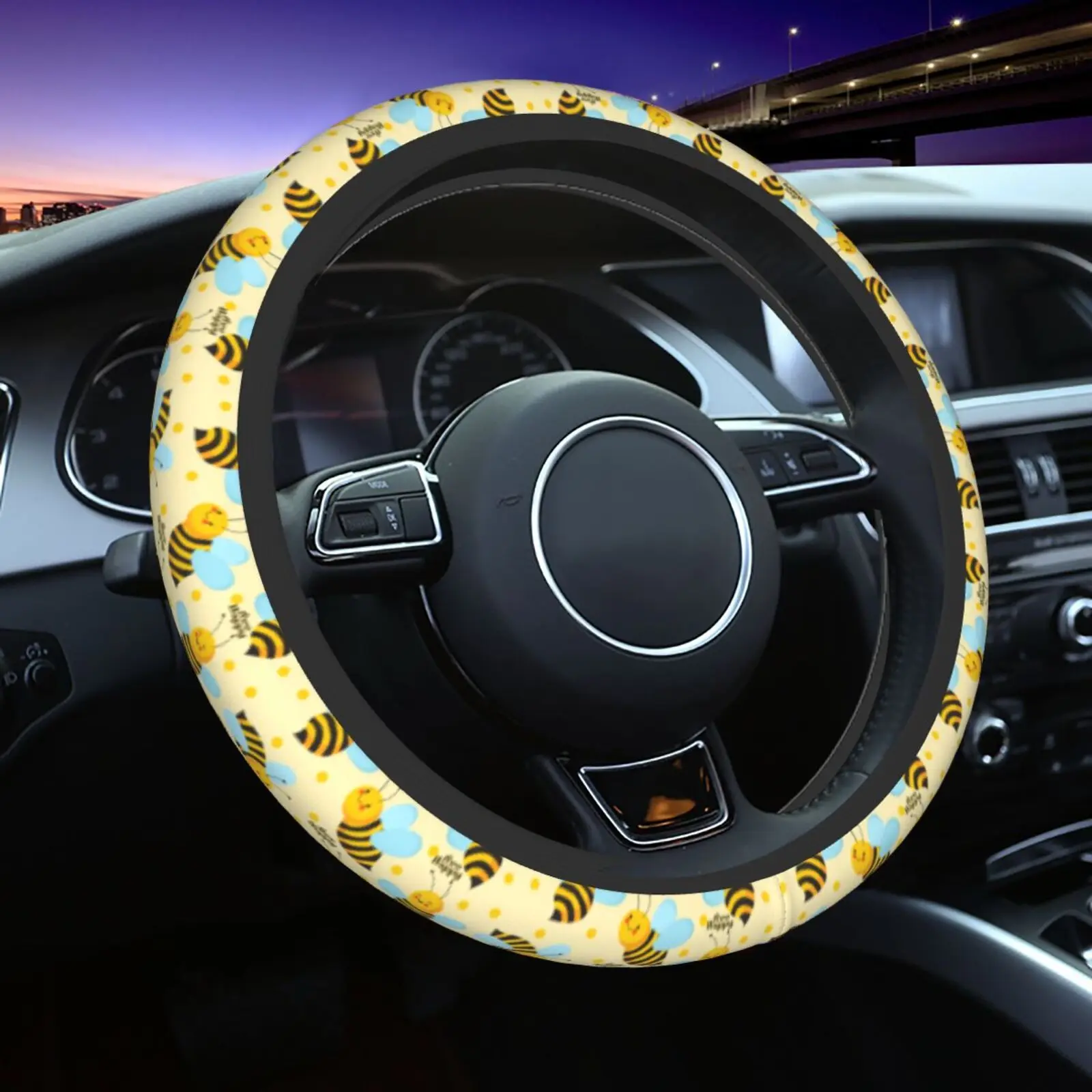 

Happy Cute Bee Print Steering Wheel Cover Anti-Slip Uv and Sun Protection Universal Fit 15Inch Car Wheel Protector for Women Men