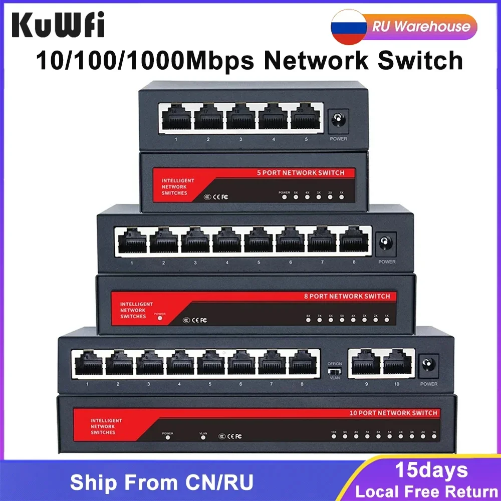 Kuwfi Gigabit Netwerk Switch 1000Mbps Ethernet Switch 5/8/10 Poort RJ45 Lan Hub Desktop Snelle Schakelaar Voor Kantoor slaapzaal Thuis