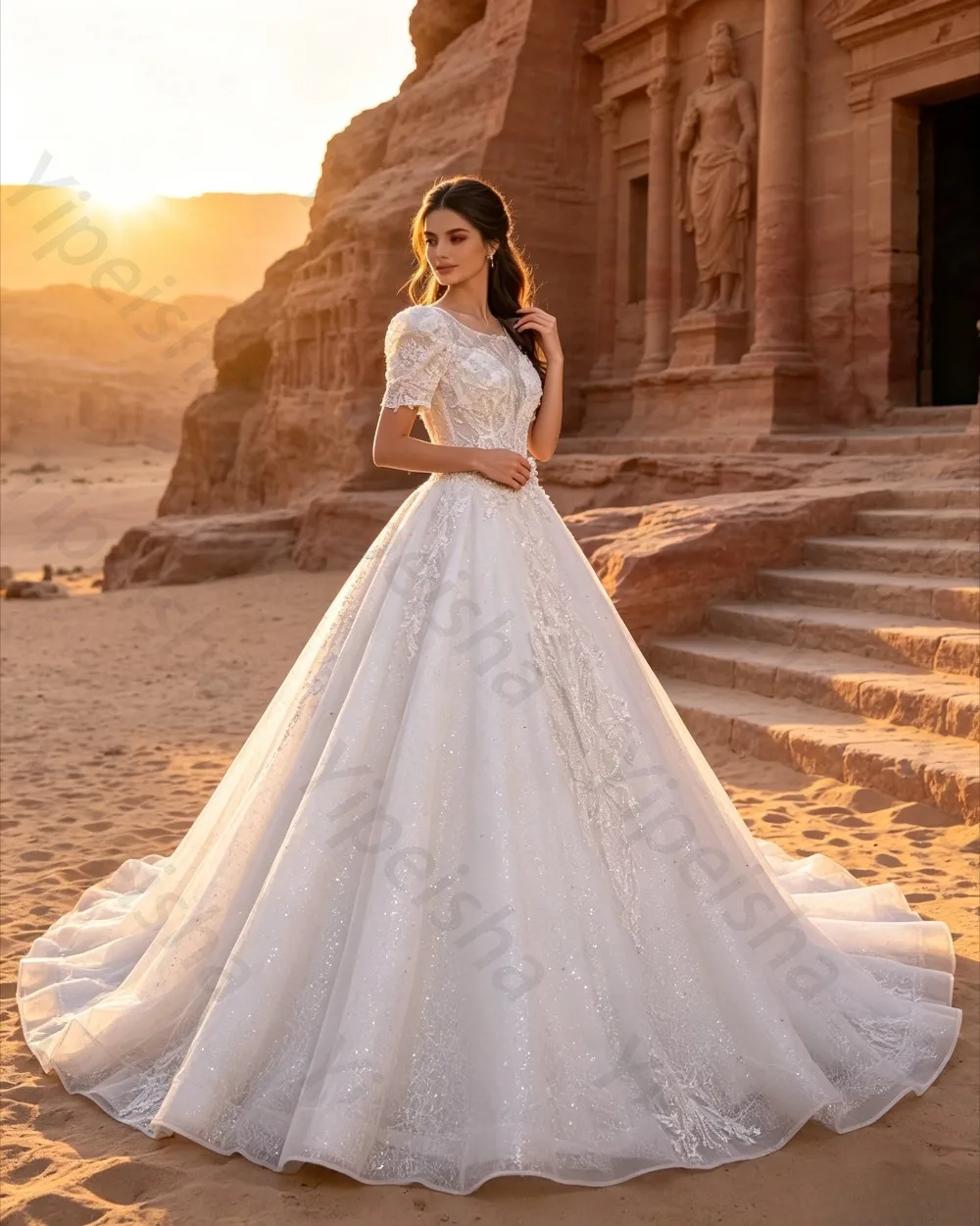 Customized Luxury Lace Short Sleeved Round Neck Wedding Dress Shiny Fluffy Chiffon Princess Bride Gown Suitable for Banquets