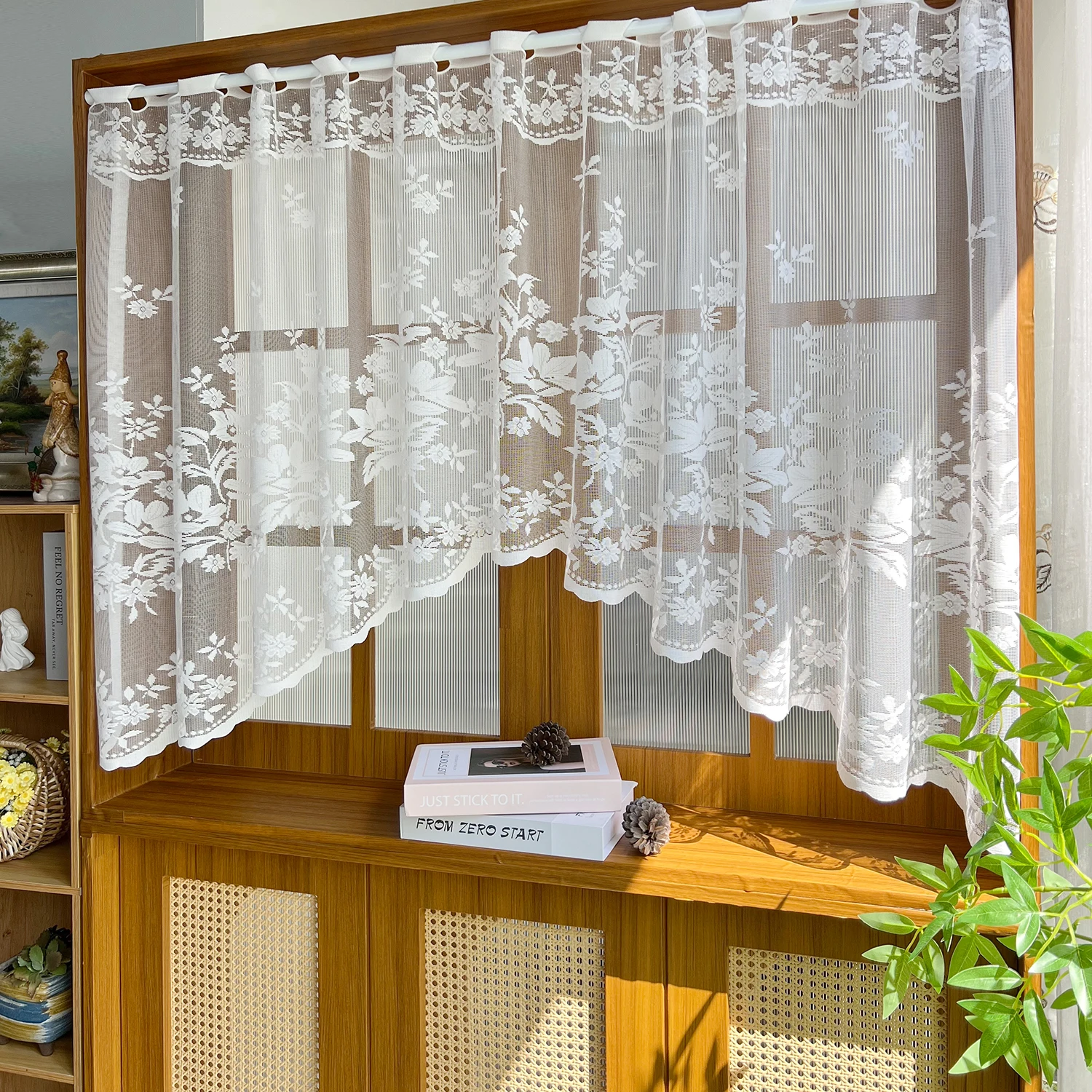 White Flower Sheer Triangle Curtain for Kitchen Small Window Half Curtain, French Country Decor Rod Pocket Drape
