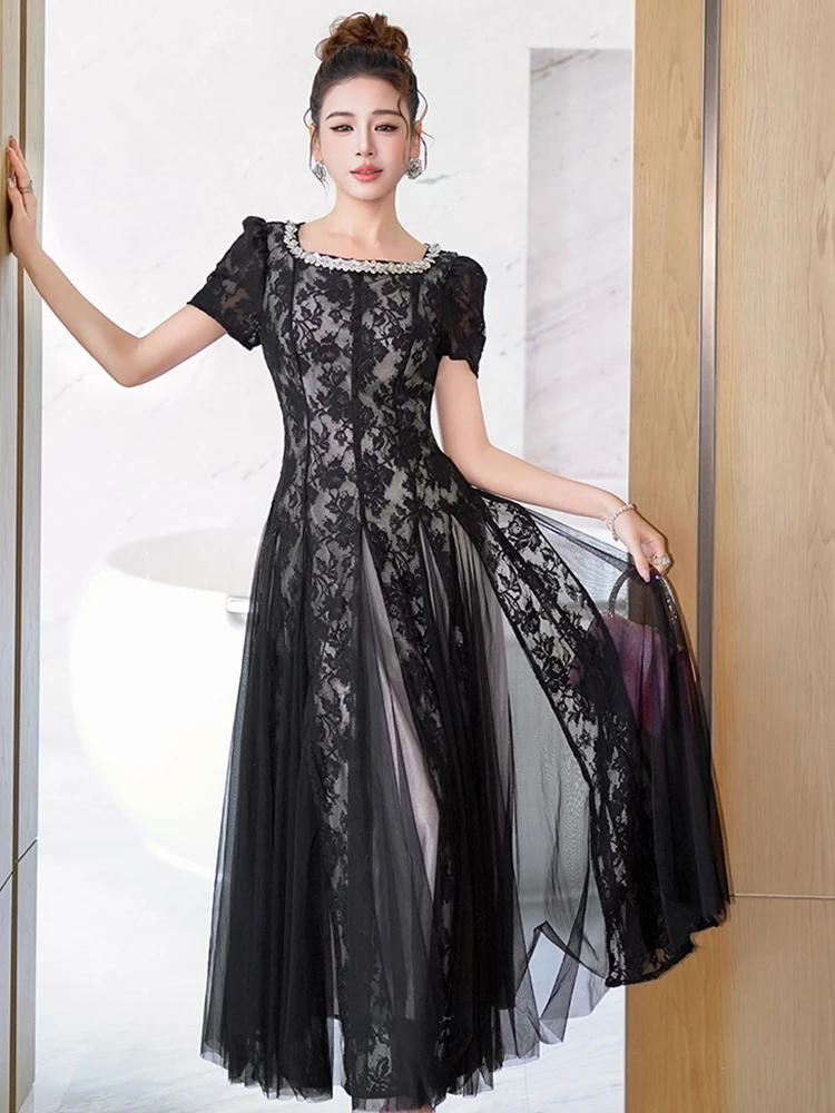 Elegante abito lungo nero romantico per le donne Dolce pizzo trasparente Maglia diamante Perla Abito in tulle Lady Matrimoni Abiti da sera formali