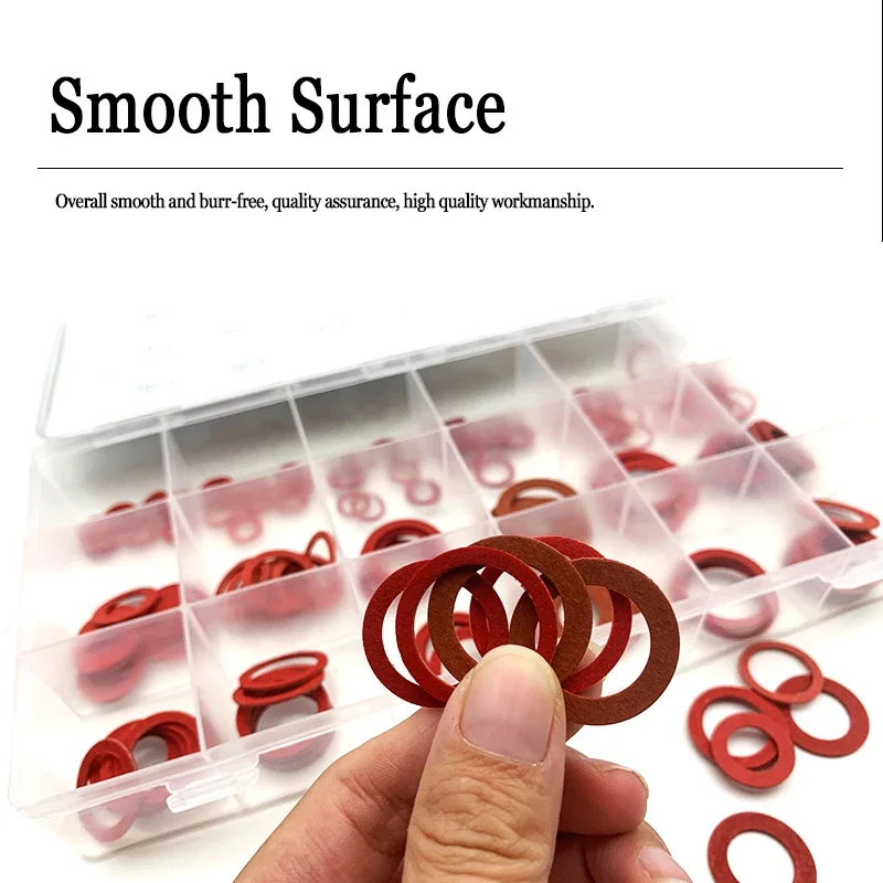150 Pcs M10-M24 Flat Washer Assortment Red Steel Paper Insulation Washer Set Wear Resistant for Fastener Sealing Spacing