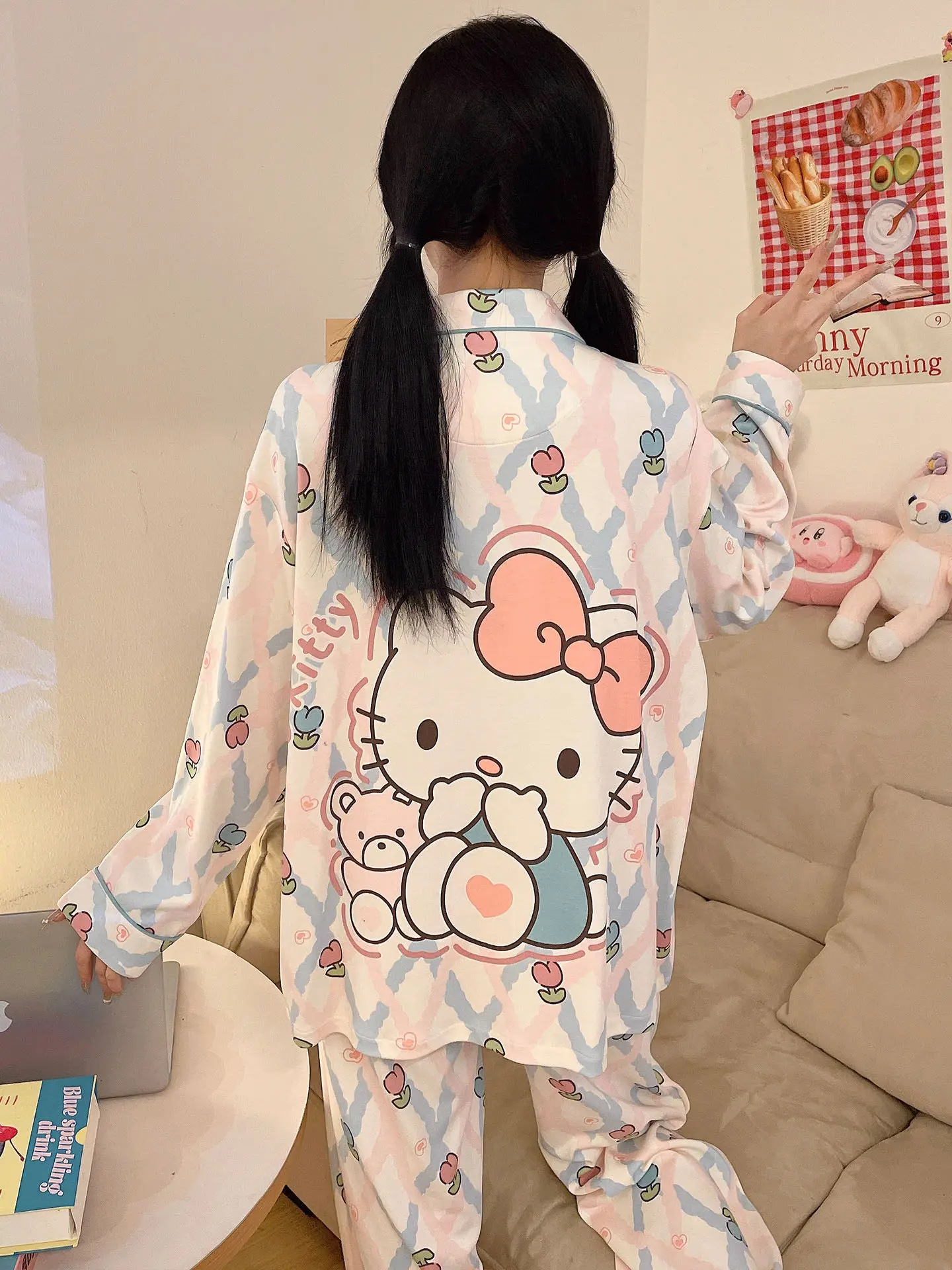 Cotton Sleepwear Women's Spring and Autumn Long Sleeved Cartoon Set Hello Kitty Home Clothes Two-piece Set