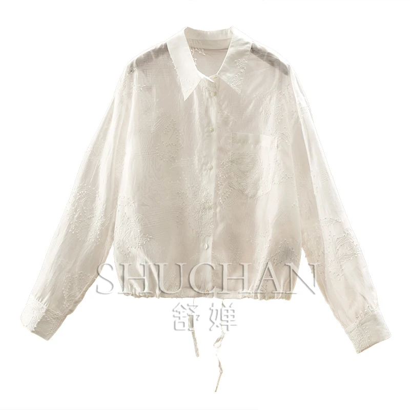 

2025 г., кружевная текстура на шнурке, вышитая солнцезащитная рубашка, новые женские тонкие летние блузки с длинными рукавами, Femininas Com Frete, бесплатно