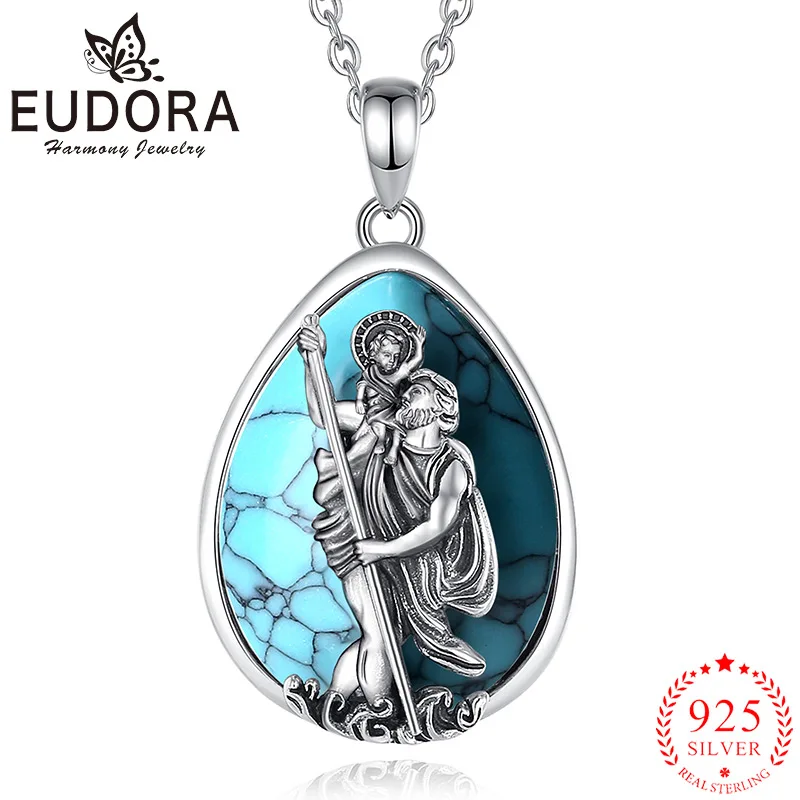 

Eudora New 925 Sterling Silver St. Christopher Patronus Saint Necklace Turquoise Water Drop Pendant Religious Jewelry Fine Gifts