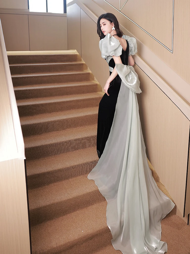 Black Velvet Prom Dress Puff Sleeve Bow Tailed Square Collar Zipper Mermaid Wedding Guest Evening Bridesmaid Party Gown