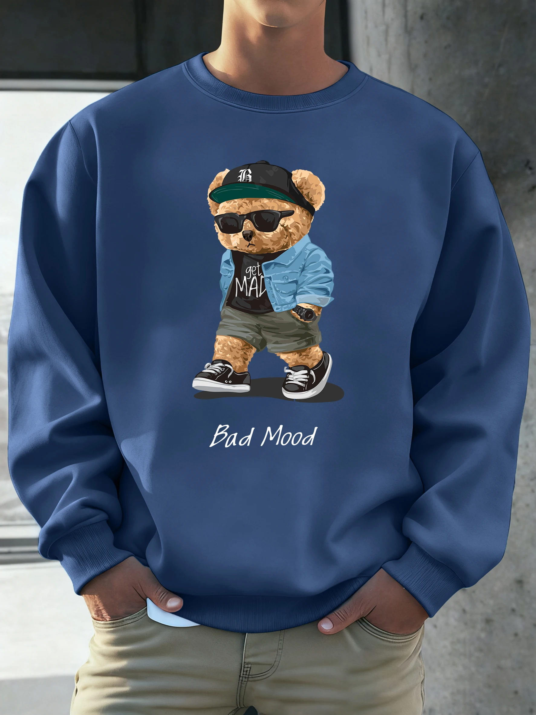 

Мужские удобные базовые топы с мультяшным медведем Bad Mood, осенние удобные толстовки, повседневные спортивные толстовки, винтажный уличный пуловер