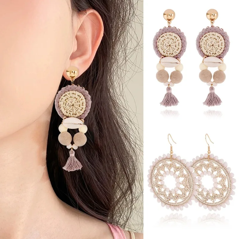 Bohemian Handmade Rattan Weave Earrings for Women Retro Tassel Personalized Beige Apricot Colored Earrings Boho Summer Jewelry