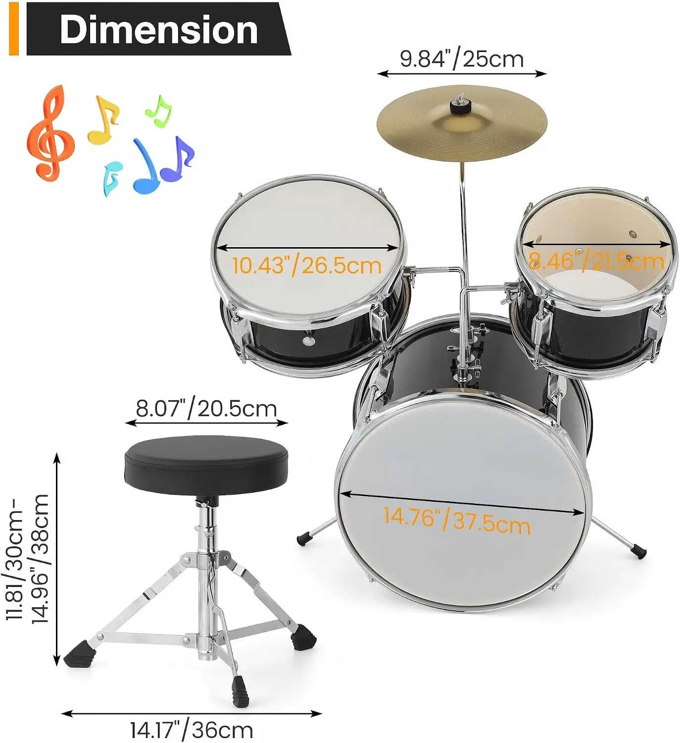 Tacleekii 3-Piece Kids Drum Set Junior Drum Sets Complete Beginner Percussion Set Music Practice Musical Learning Drums Instruments Kit, for Children Ages 6-13