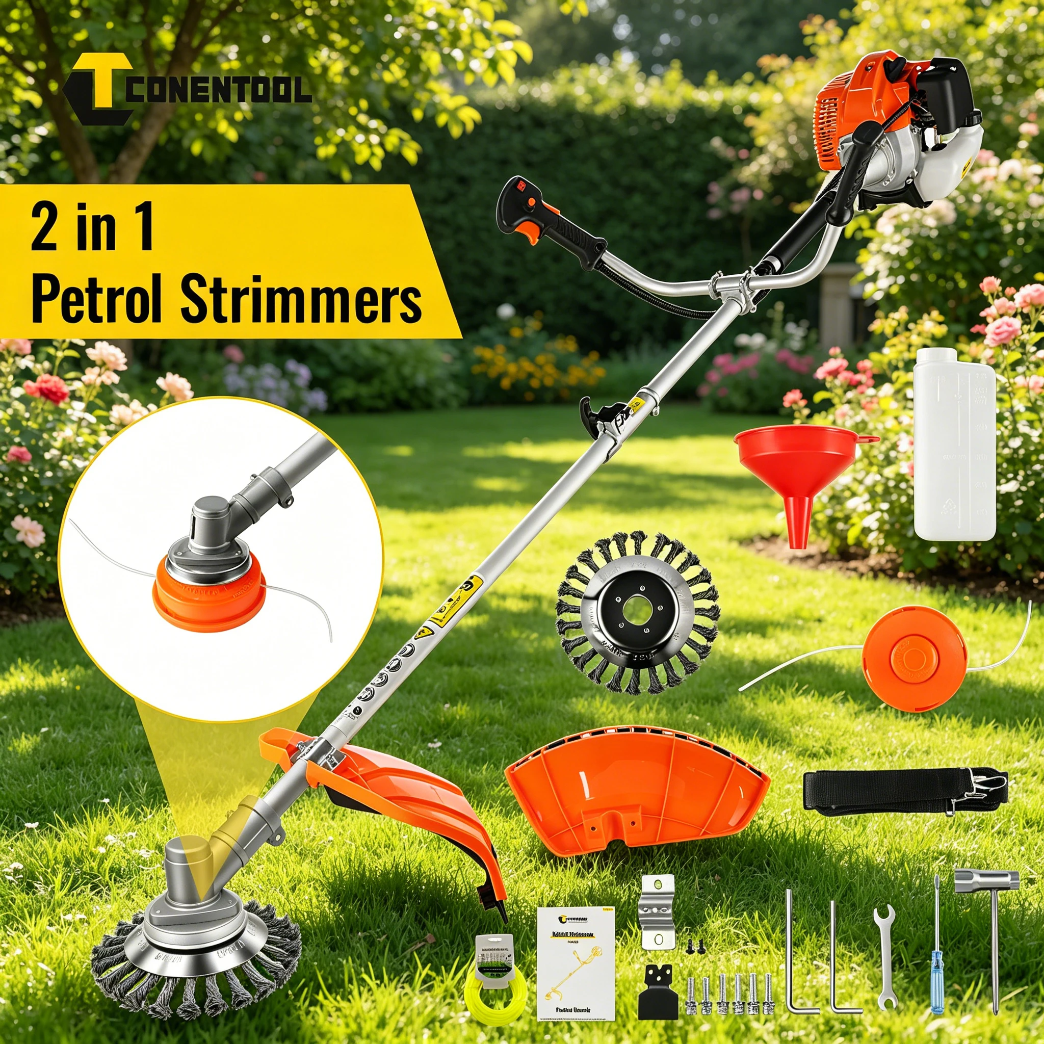 CONENTOOL 52CC 2-in-1 Benzin-Freischneider 11000 U/min Benzin-Rasentrimmer 2-Takt Unkrautschneider Rasenmäher Gartenwerkzeuge Hochleistungs-Gartengeräte