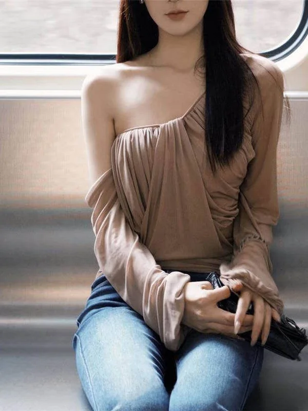 

Women's Diagonal Collar Long Sve T-irt Street Sle plus Size Color Faionable And Comfortable Winter Wear