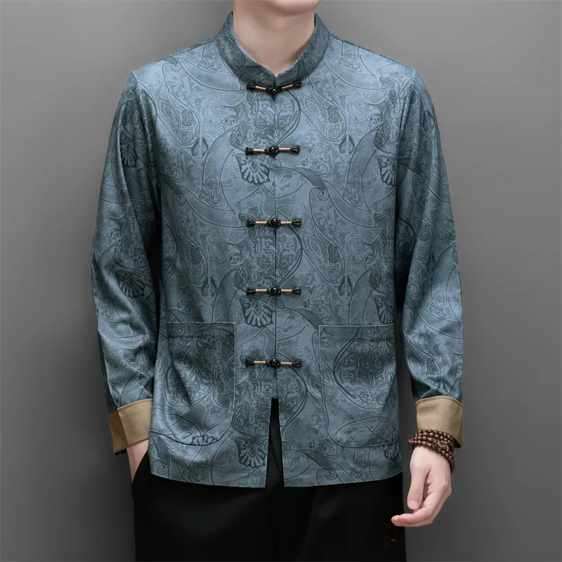 Print Tang Costume Shirts For Men Forg Button Long Sleeve Pockets Autumn Quality Softness Breathable Exquisite Camisas De Hombre