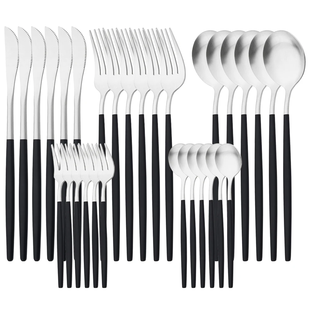 

30Pcs Blcak Silver Dinnerware Set Cake Fork Teaspoon Cutlery Set Stainless Steel Knife Fork Spoon Tableware Kitchen Flatware