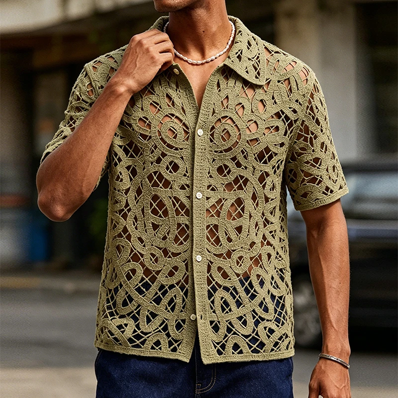 Vintage Florals Embroidery Crochet Knit Shirts Mens Summer Sexy See Through Hollow Out Shirt Outdoor Casual Men Short Sleeve Top