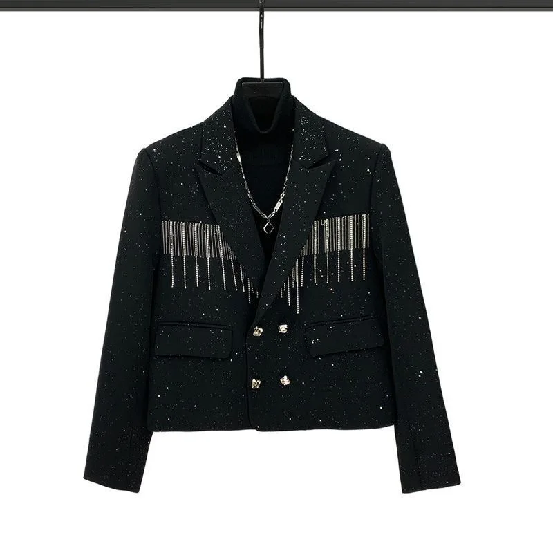 

Korean Sle Bla Heavy Work Fringe Chain Suit Loose High Design Star Gold ort Length Men's Casual Faion Polyester Fiber