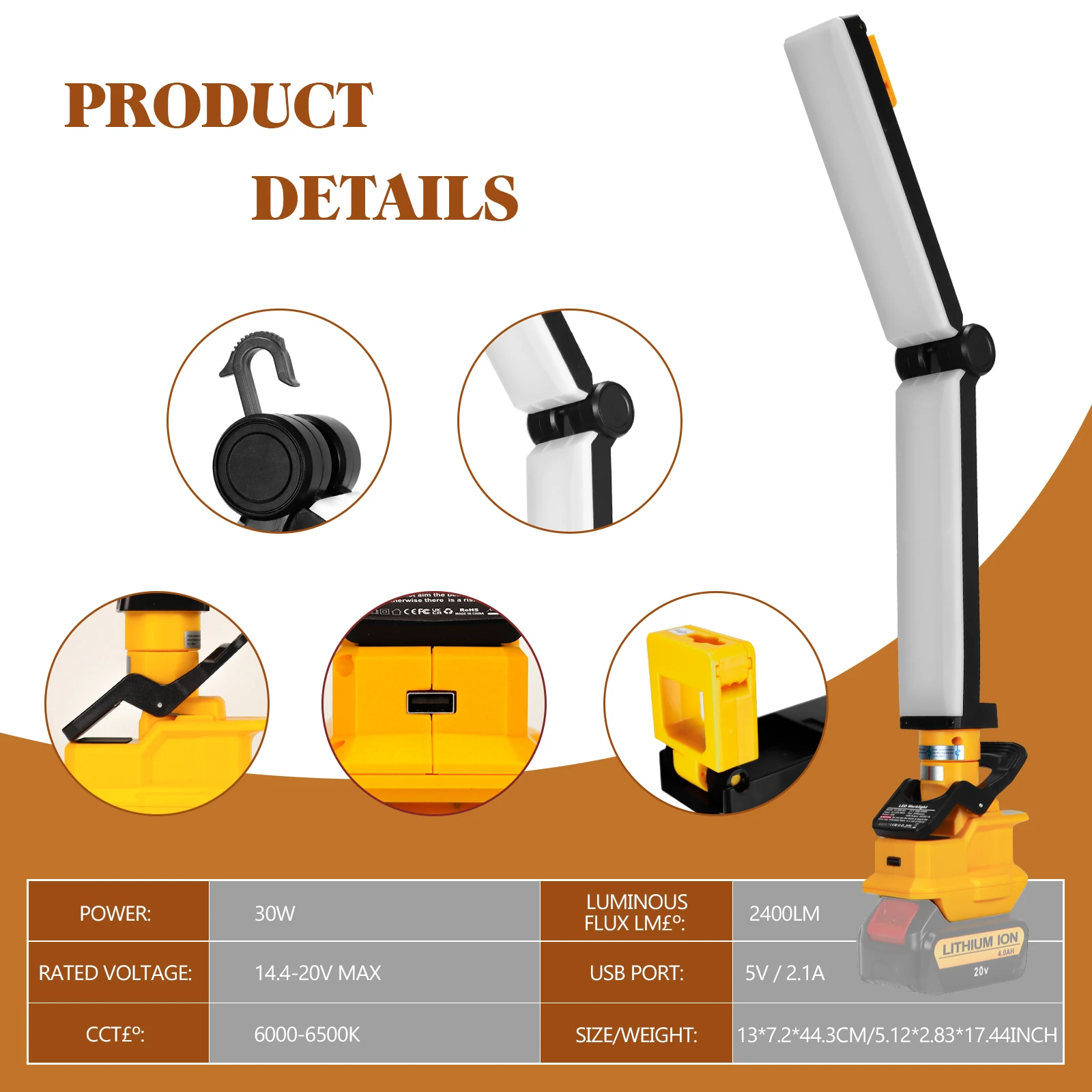 2400LM LED Work Light Outdoor Flashlight Portable Camping Light Folding Lamp 30W for DeWalt 18V/20V Lithium-ion Battery