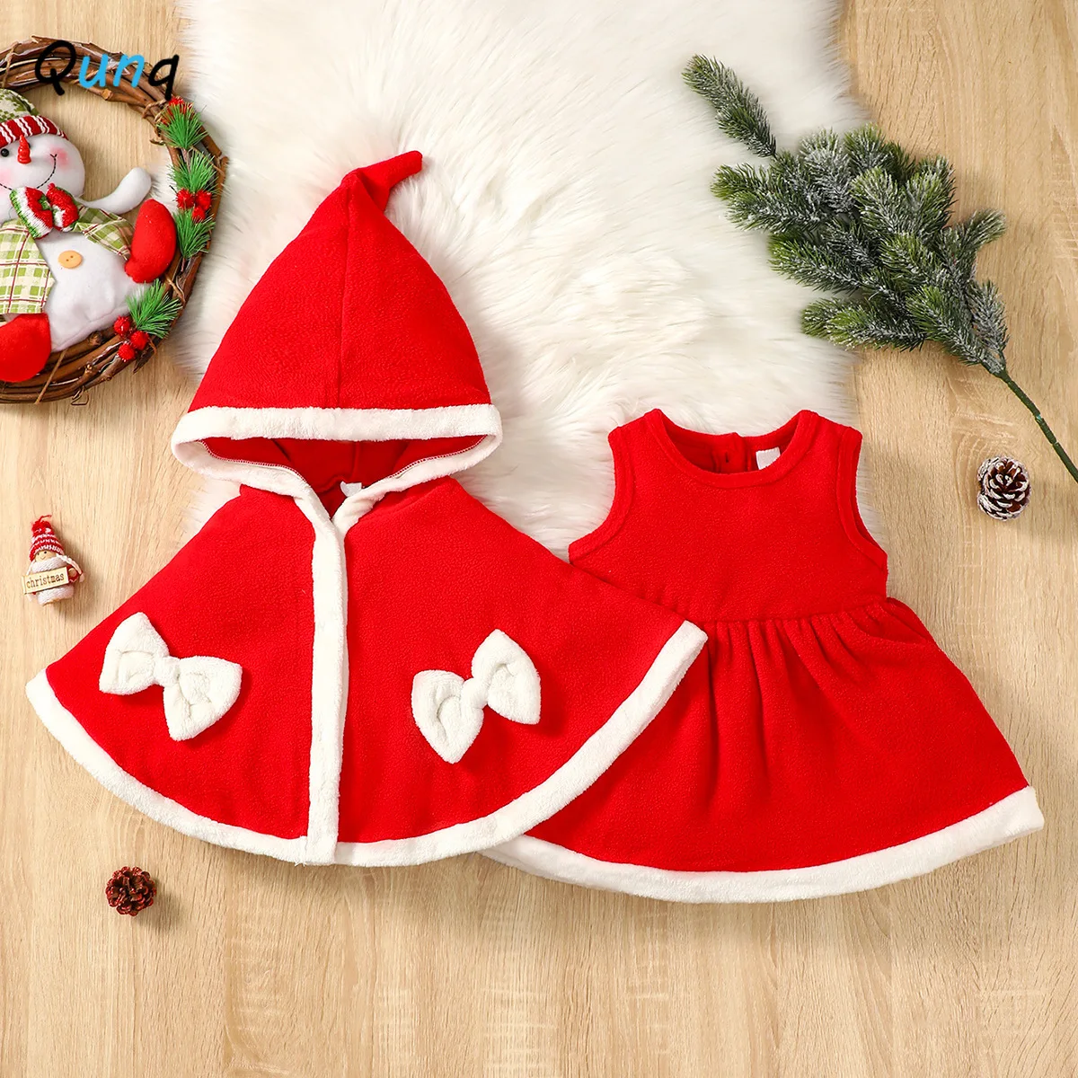 Qunq 2023 Autumn Baby Girls Christmas Costume Sleeveless Splice Dress + Hooded Cape 2 Pieces Set Causual Kids Clothes Age 1T-3T