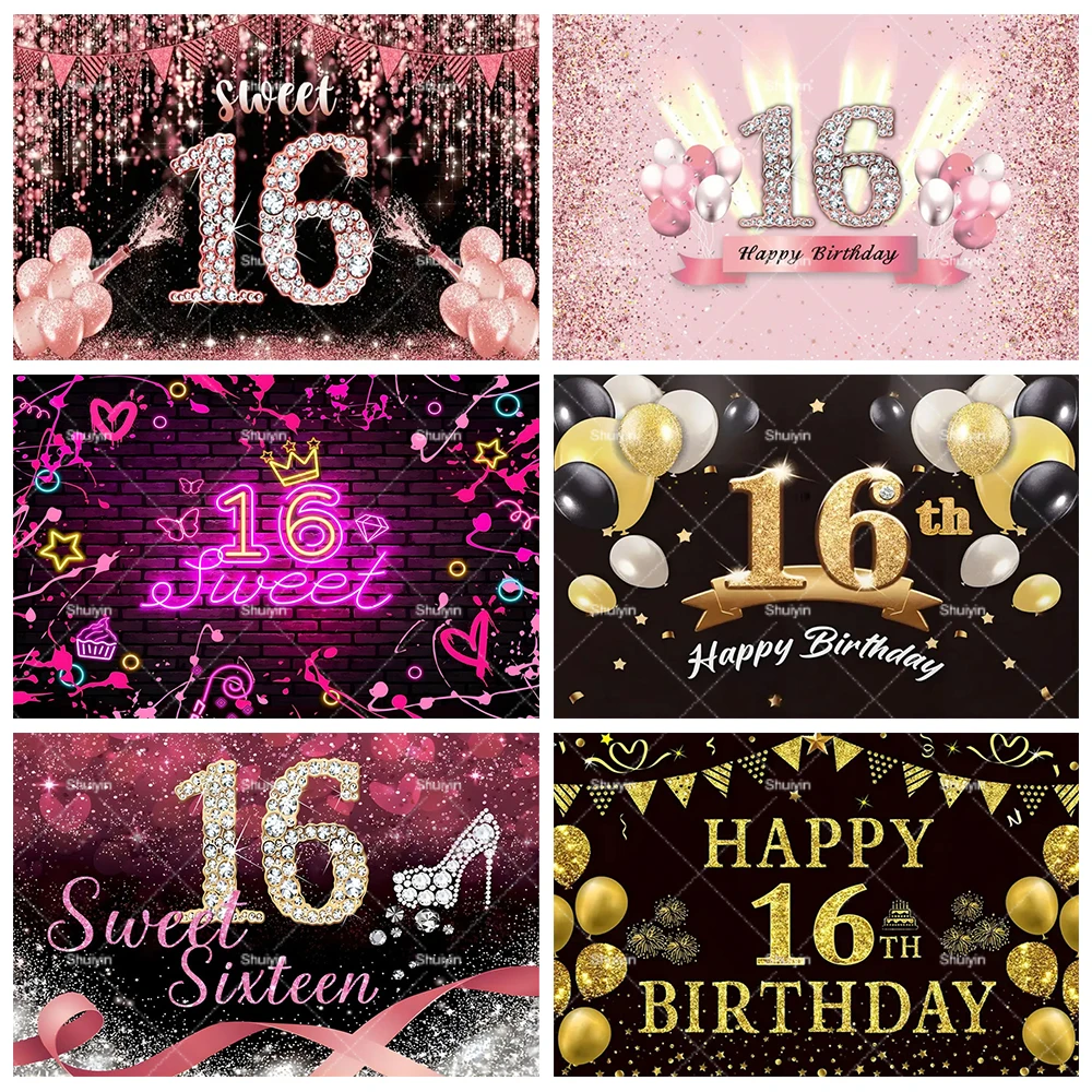 

Happy 16th Birthday Party Backdrop Pink Gold Balloon Diamonds Boys Girls 16 Years Old Birthday Decoration Photography Background