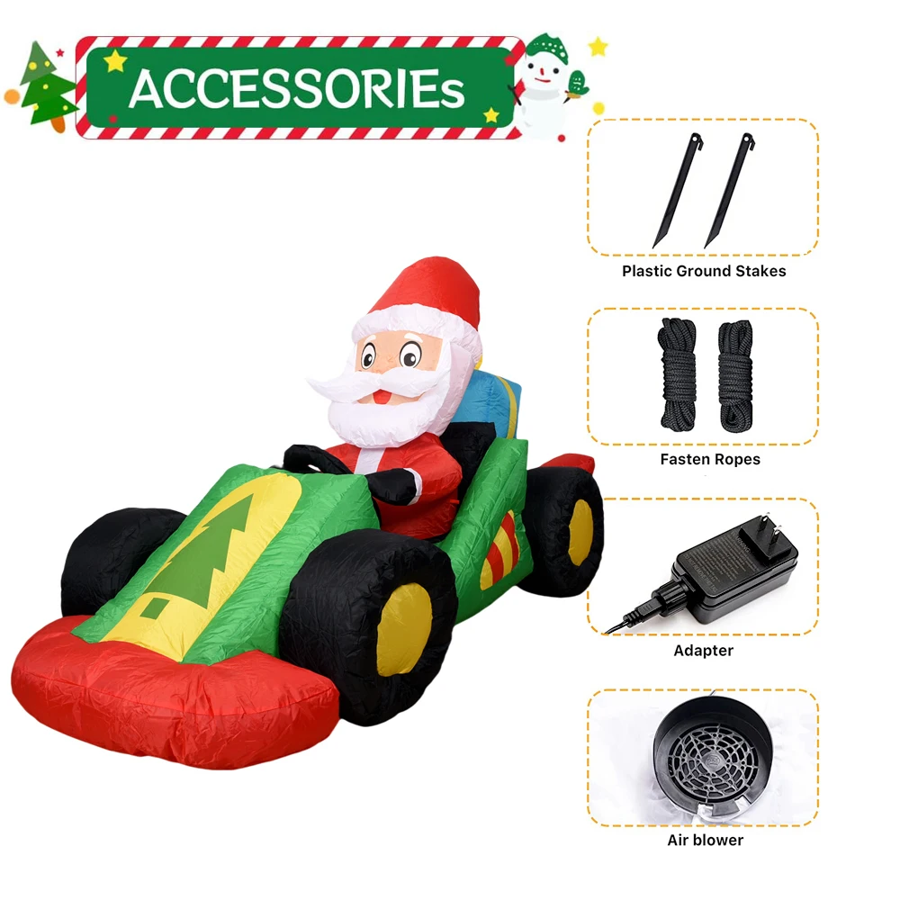Kerst opblaasbare kerstman drive formule auto met LED-verlichting opblazen buitendecoratie voor vakantiefeest tuindecoratie