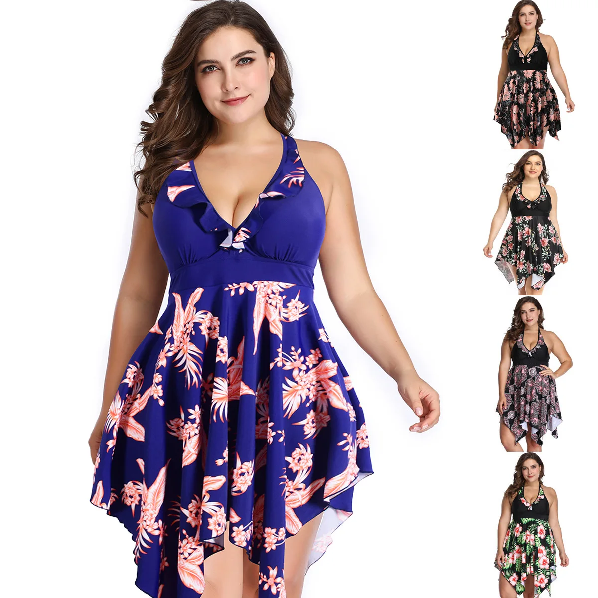 2XL-6XL Plus Size Two Piece Swim Dress with Shorts for Women Tankini Hanlter Swimsuits Flowy Bathing Suits Flower Print Swimwear