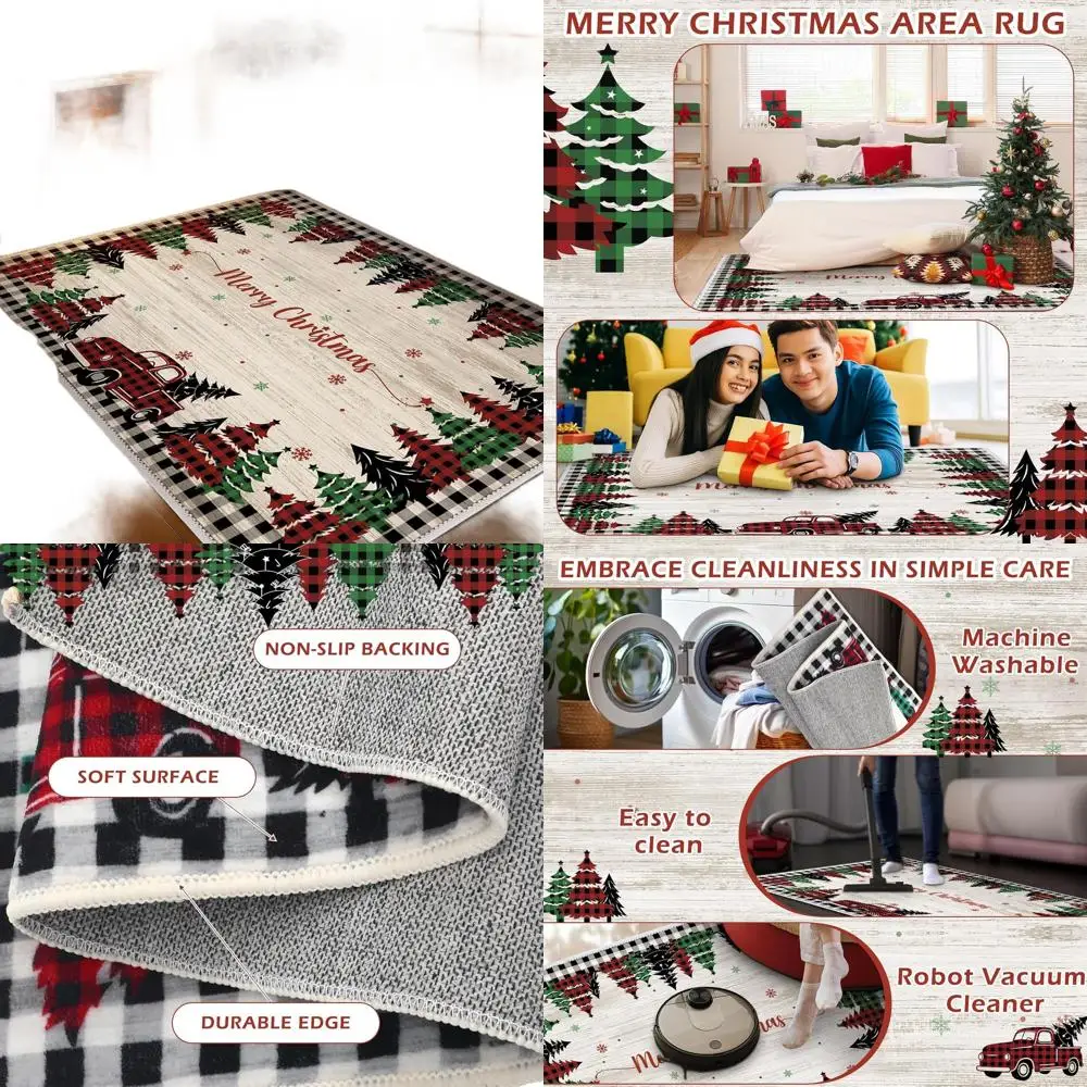 Watercolor Christmas Bear Plaid Rug, Washable for Entryway or Living Room, 2x3/5x7 ft