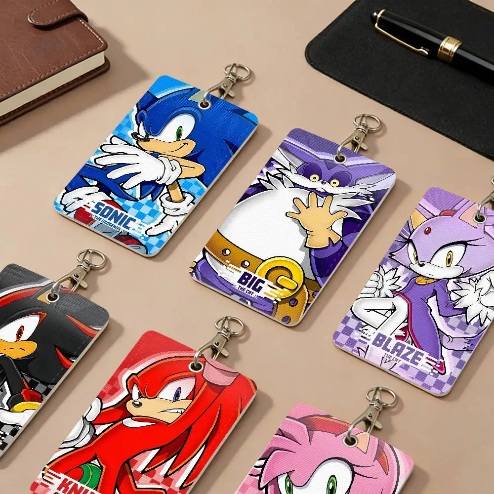 Cartoon S-Sonic PU Leather Card Holders Anti-lost Student ID Protective Cover Cases Campus Access Cards Key Chain