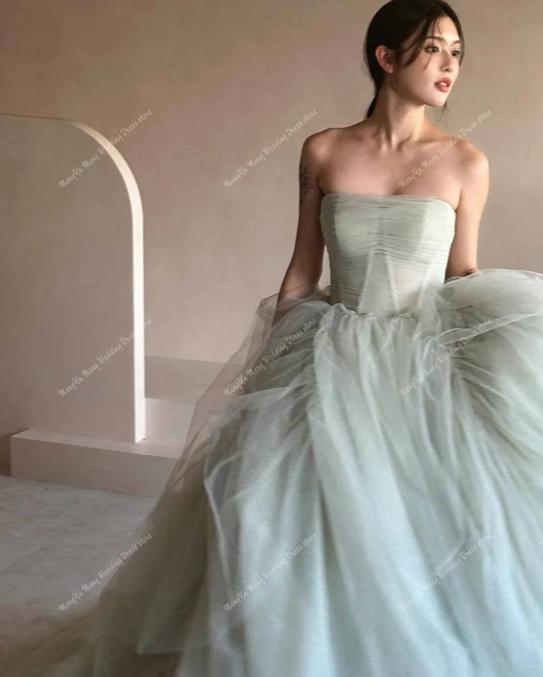 Simple Mint Green Korea Evening Dress A-line Strapless Puffy Tulle Wedding Dresses Photo Shoot Customized Corset Bridal Gown