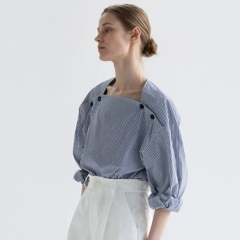 Koreaanse Pop Luxe M Damesshirt Onregelmatige Kraag Losse Gestreepte Top Blouse Met Lange Mouwen Mode Gloednieuwe Dameskleding