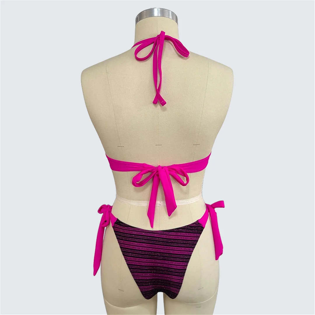 S - XXL Gestreifter Neckholder-Bikini, Damen-Badeanzug, zweiteiliges Bikini-Set, Badeanzug mit hohem Beinausschnitt, Badebekleidung, Schwimmanzug V7586 – Detail 9