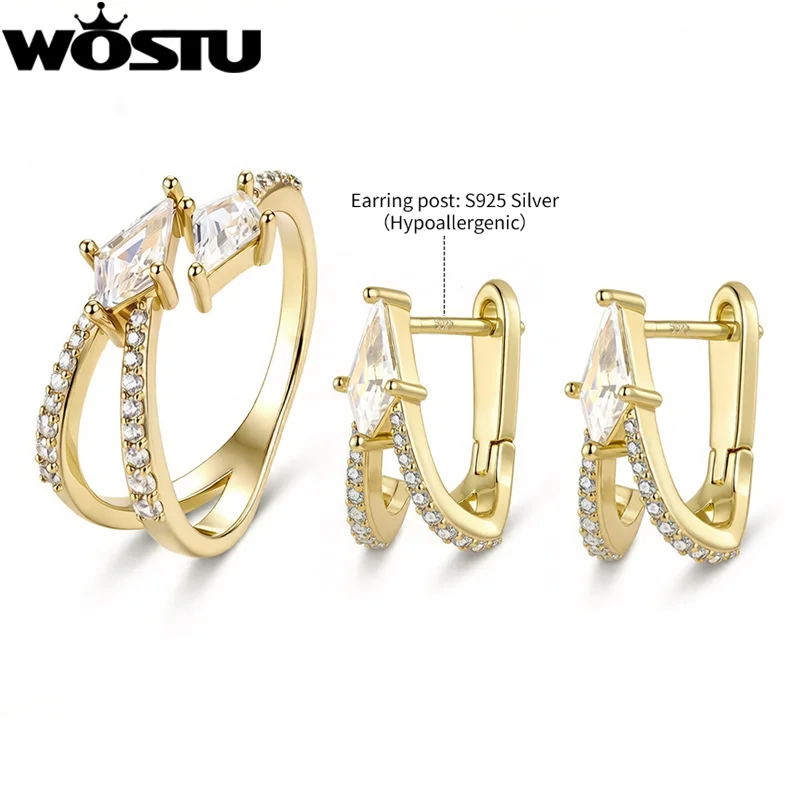 WOSTU Double Layer Cubic Zirconia Geometric Open Ring  Marquise Huggie Earrings For Women Gold Plated Hypoallergenic Jewelry Set