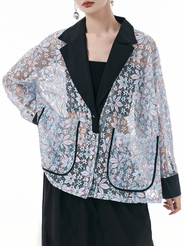 EAM-Veste en dentelle à manches longues pour femme, grande taille, blazer décontracté, revers, mode, marée, printemps, automne, 2024, 1DH3294