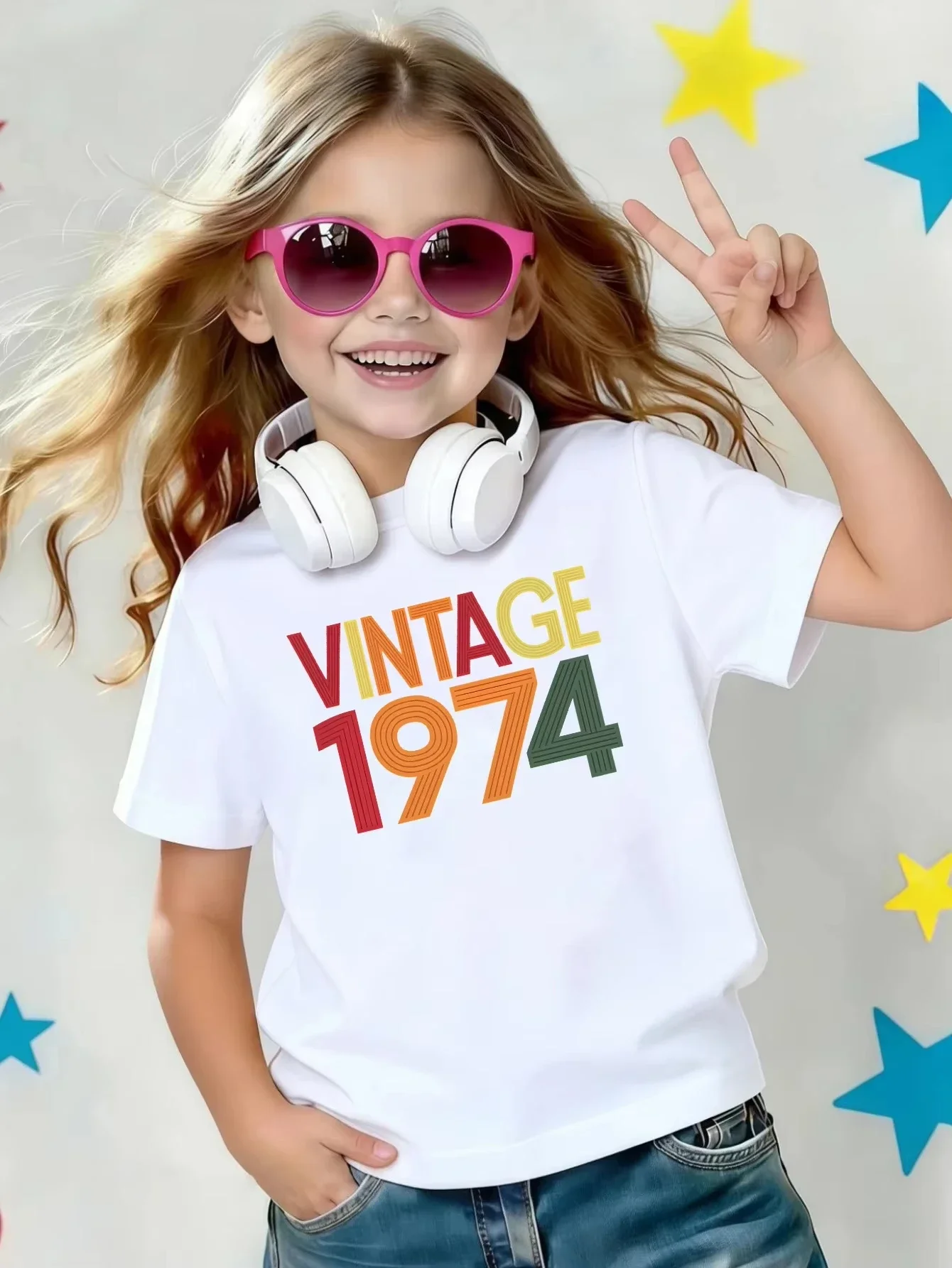 Vintage 1974 Retro Color Letter Print Kids Short Sleeve T Shirt Round Neck Casual Summer Tops Birthday Year Graphic Children Tee